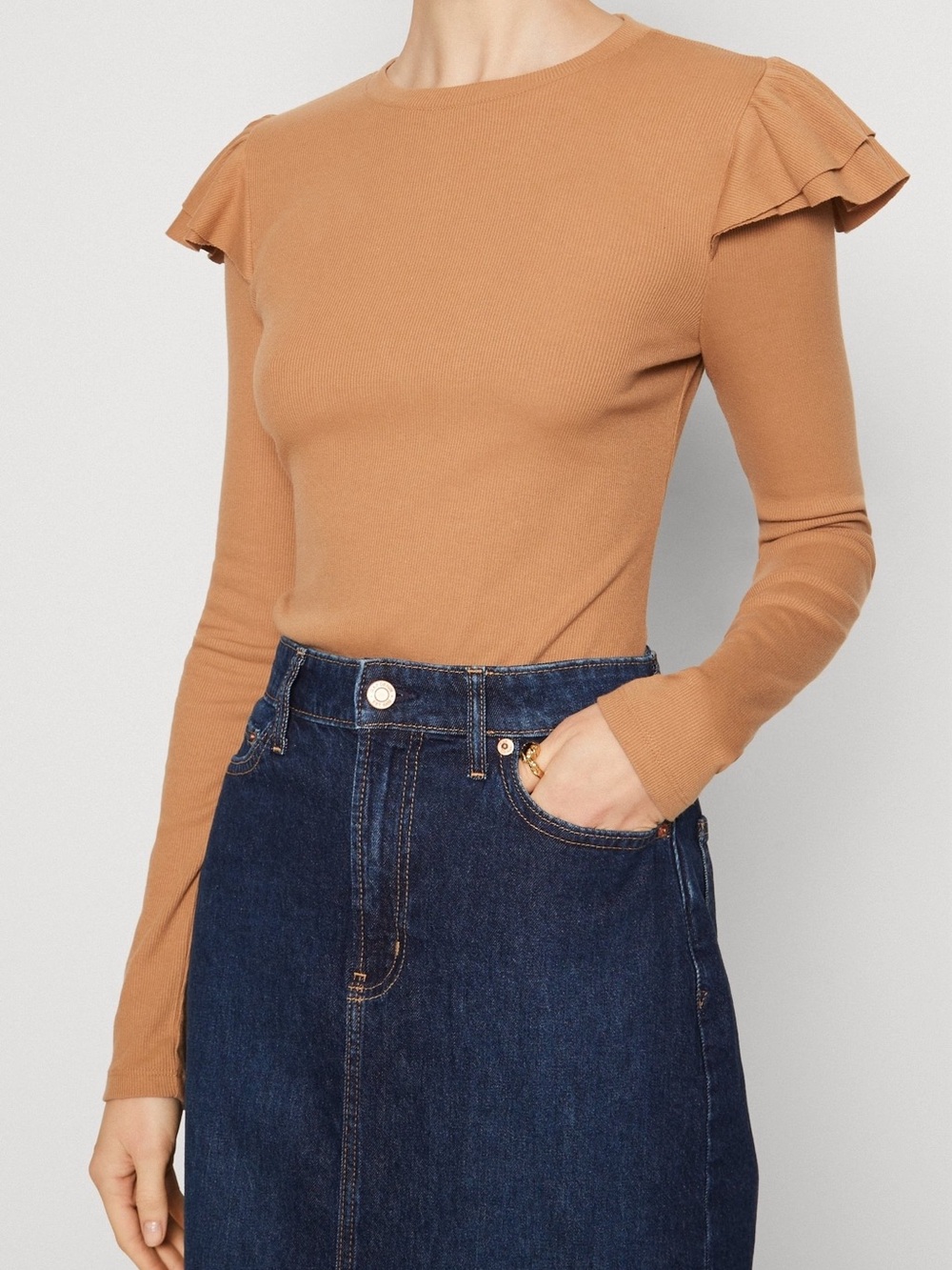 Gap Ribbed Ruffle Long Sleeve Holiday Brown Cotton Blend Crewneck Top Medium